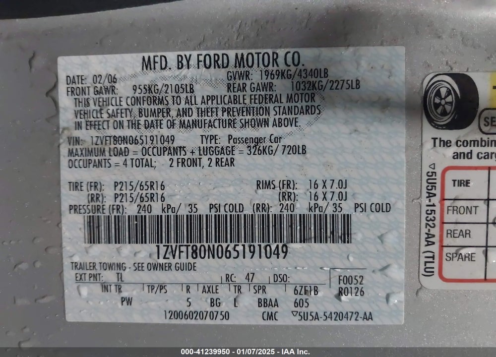 2006 FORD MUSTANG VIN: 1ZVFT80N065191049