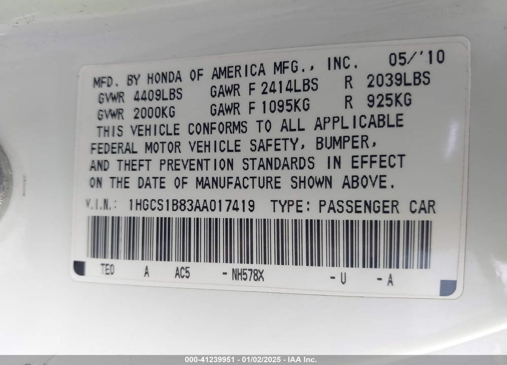 2010 HONDA ACCORD VIN: 1HGCS1B83AA017419
