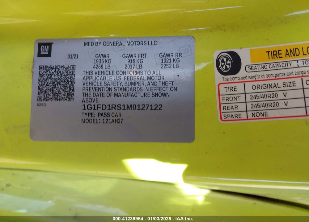 2021 CHEVROLET CAMARO VIN: 1G1FD1RS1M0127122