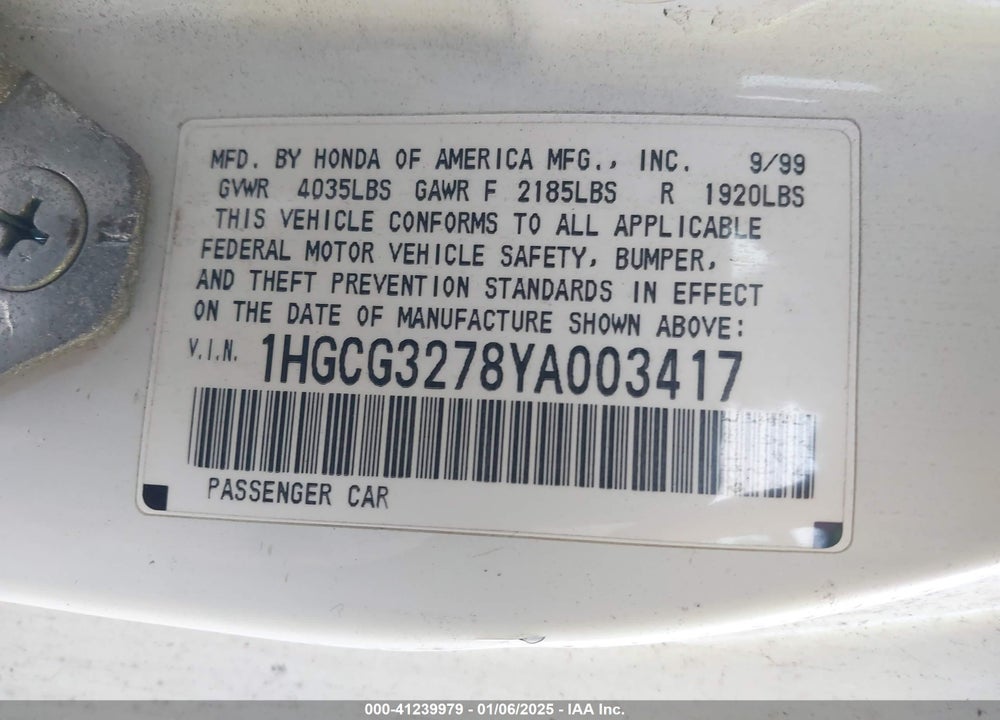 2000 HONDA ACCORD 2.3 EX VIN: 1HGCG3278YA003417