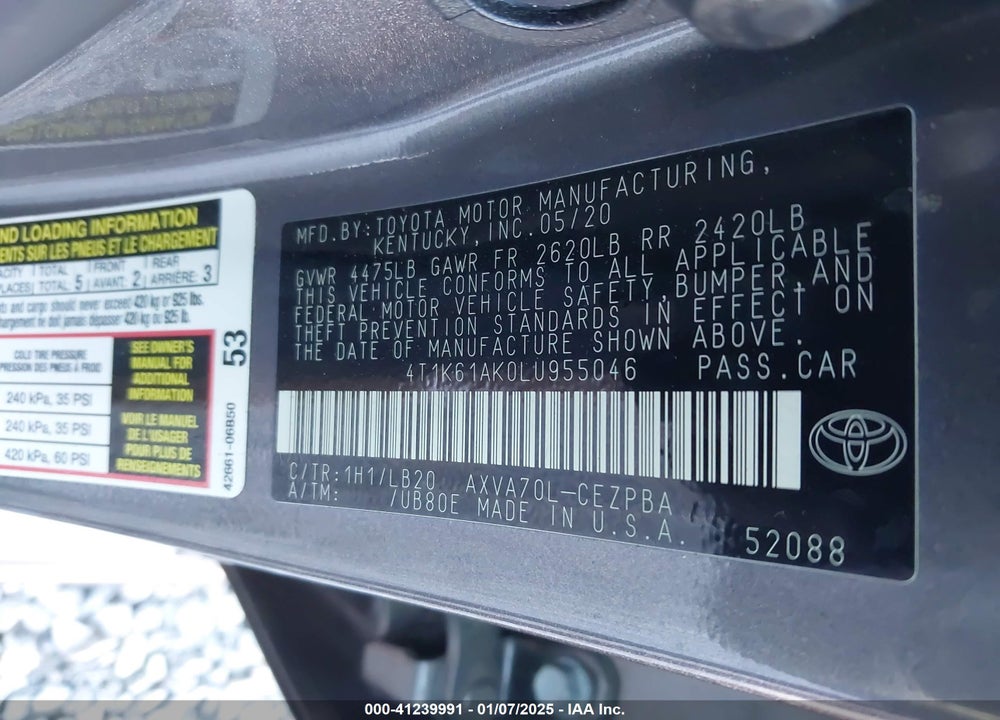 2020 TOYOTA CAMRY VIN: 4T1K61AK0LU955046