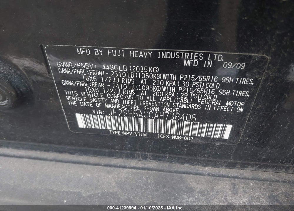 2010 SUBARU FORESTER 2.5X VIN: JF2SH6AC0AH736406