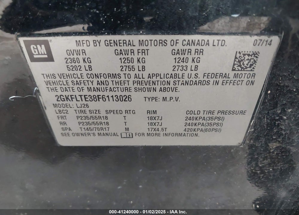 2015 GMC TERRAIN SLT-2 VIN: 2GKFLTE38F6113026
