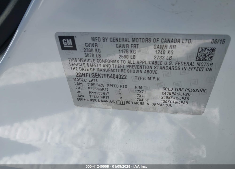 2015 CHEVROLET EQUINOX 2LT VIN: 2GNFLGEK7F6404022