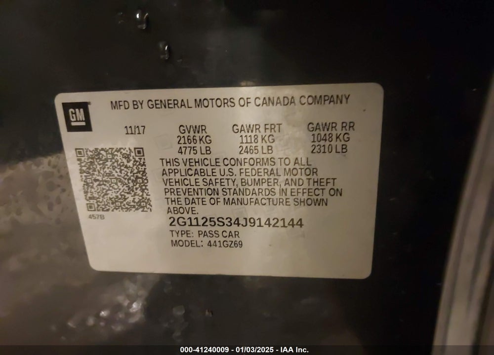 2018 CHEVROLET IMPALA VIN: 2G1125S34J9142144