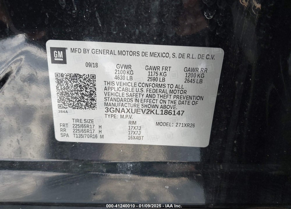 2019 CHEVROLET EQUINOX LT VIN: 3GNAXUEV2KL186147