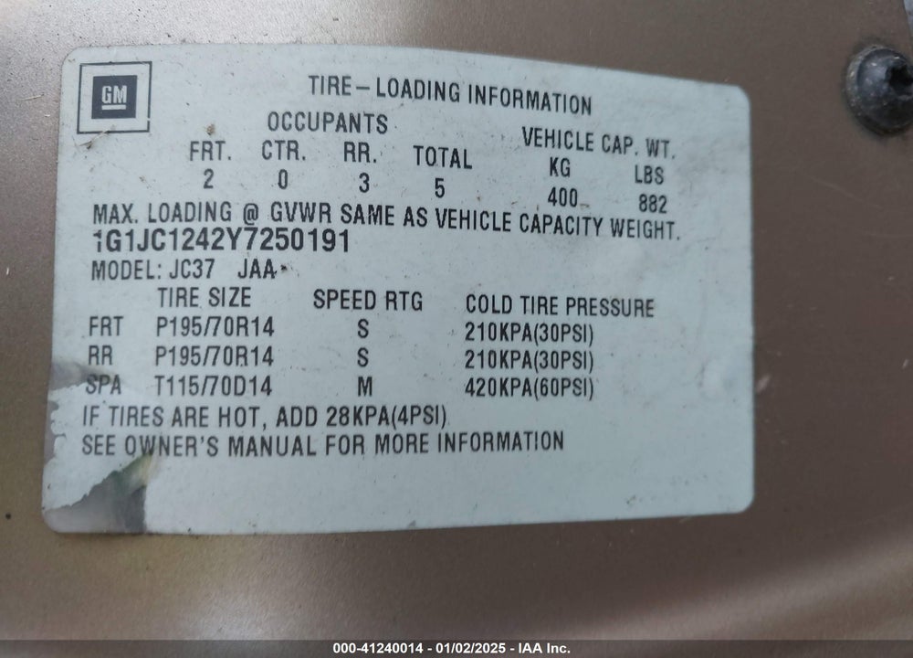 2000 CHEVROLET CAVALIER VIN: 1G1JC1242Y7250191
