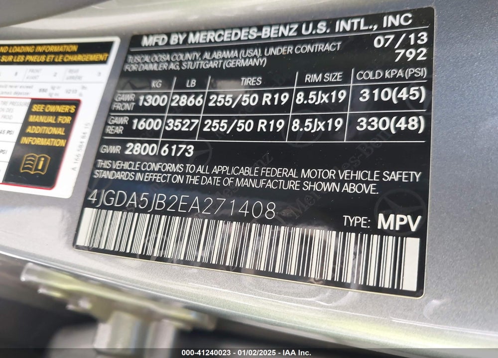 2014 MERCEDES-BENZ ML 350 VIN: 4JGDA5JB2EA271408