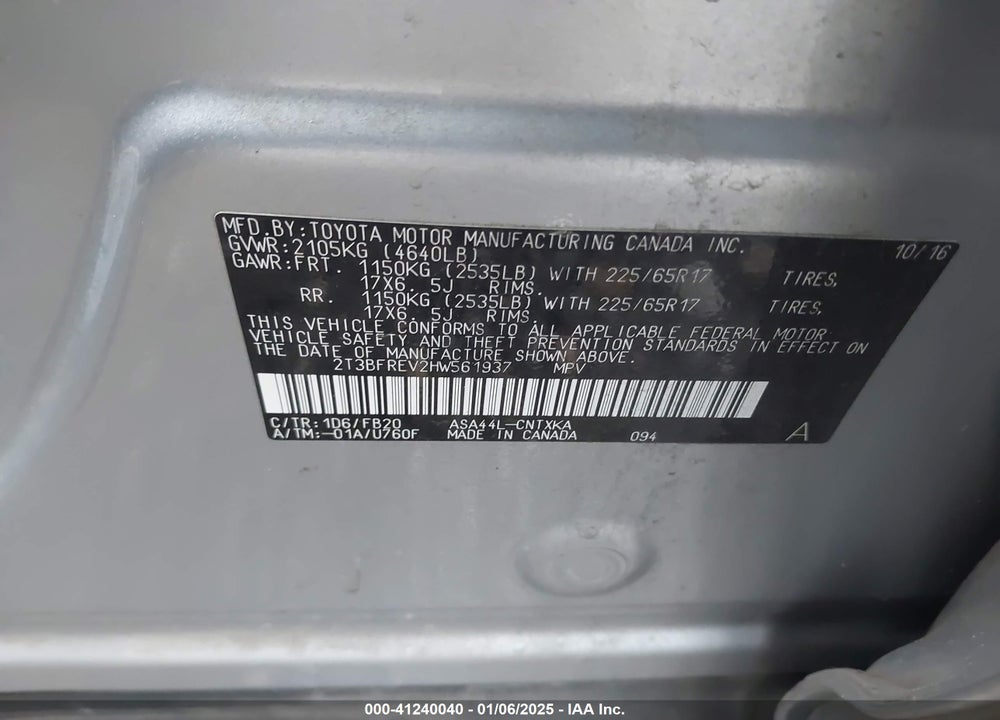 2017 TOYOTA RAV4 LE VIN: 2T3BFREV2HW561937