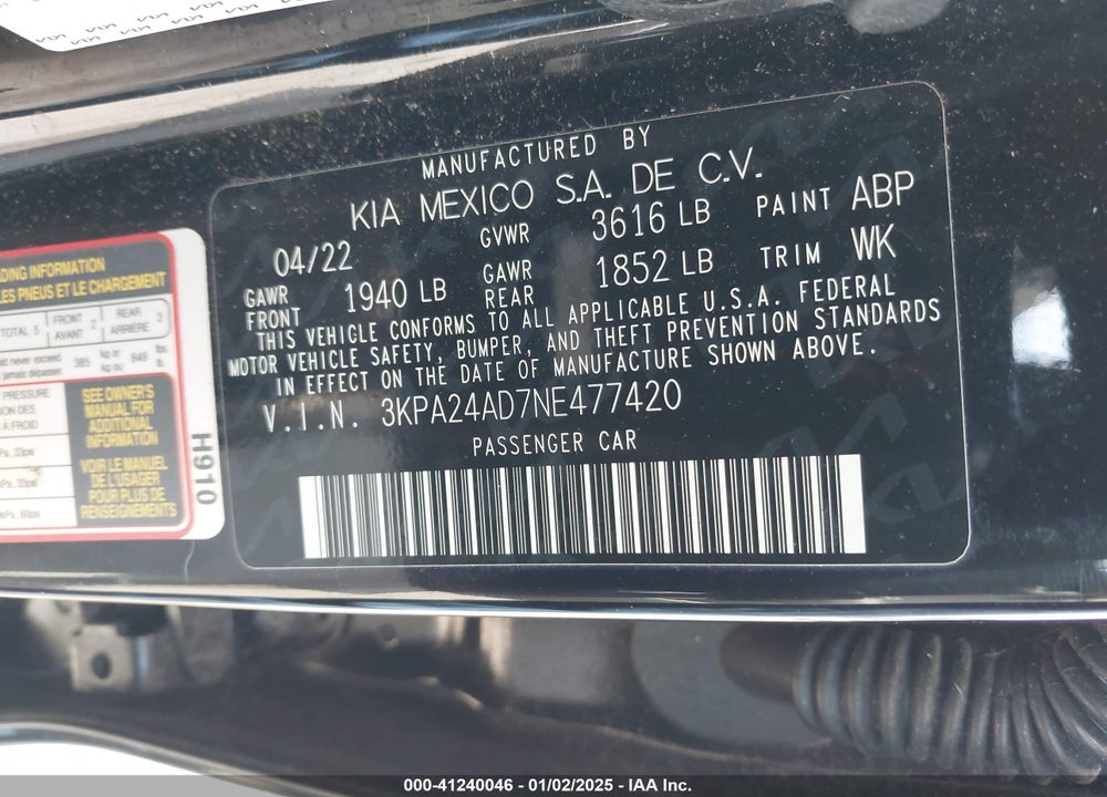 2022 KIA RIO LX/S VIN: 3KPA24AD7NE477420
