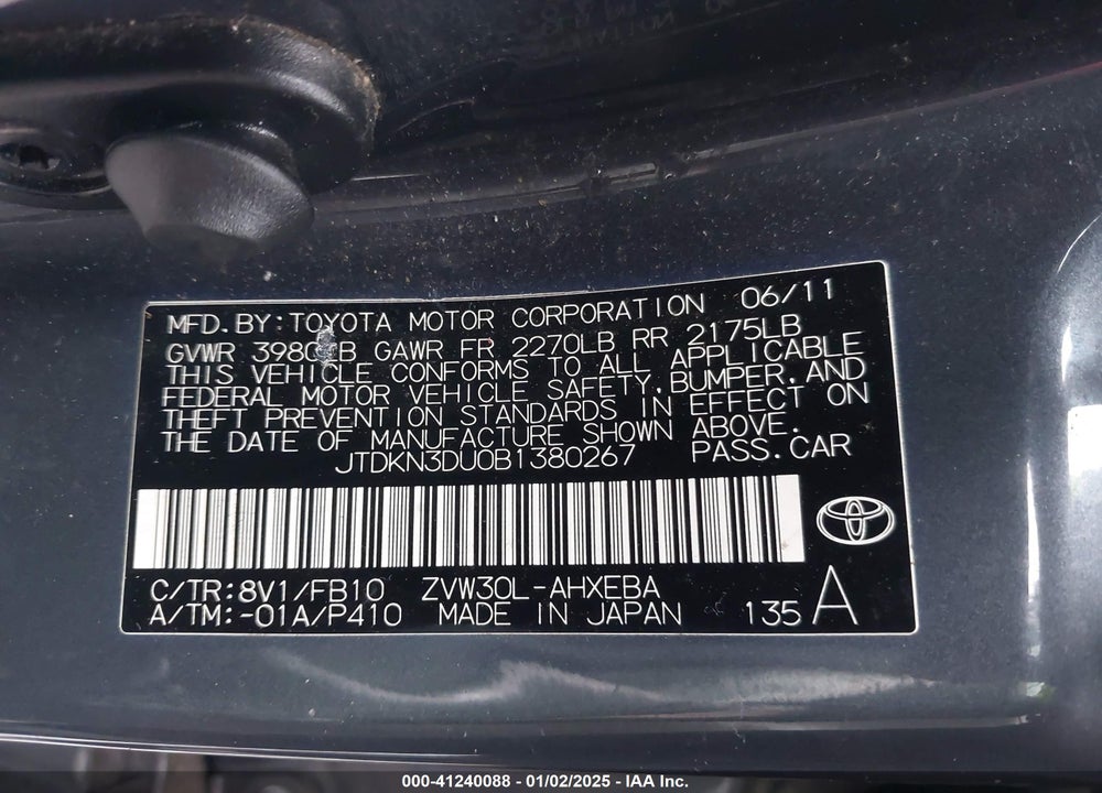 2011 TOYOTA PRIUS TWO VIN: JTDKN3DU0B1380267