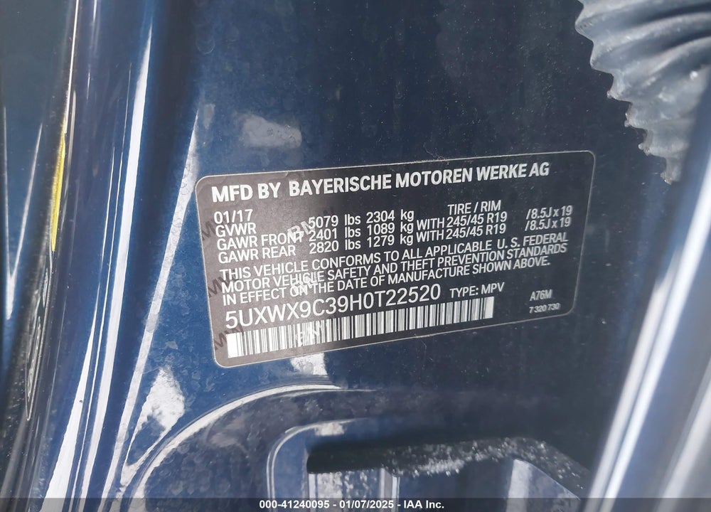 2017 BMW X3 XDRIVE28I VIN: 5UXWX9C39H0T22520