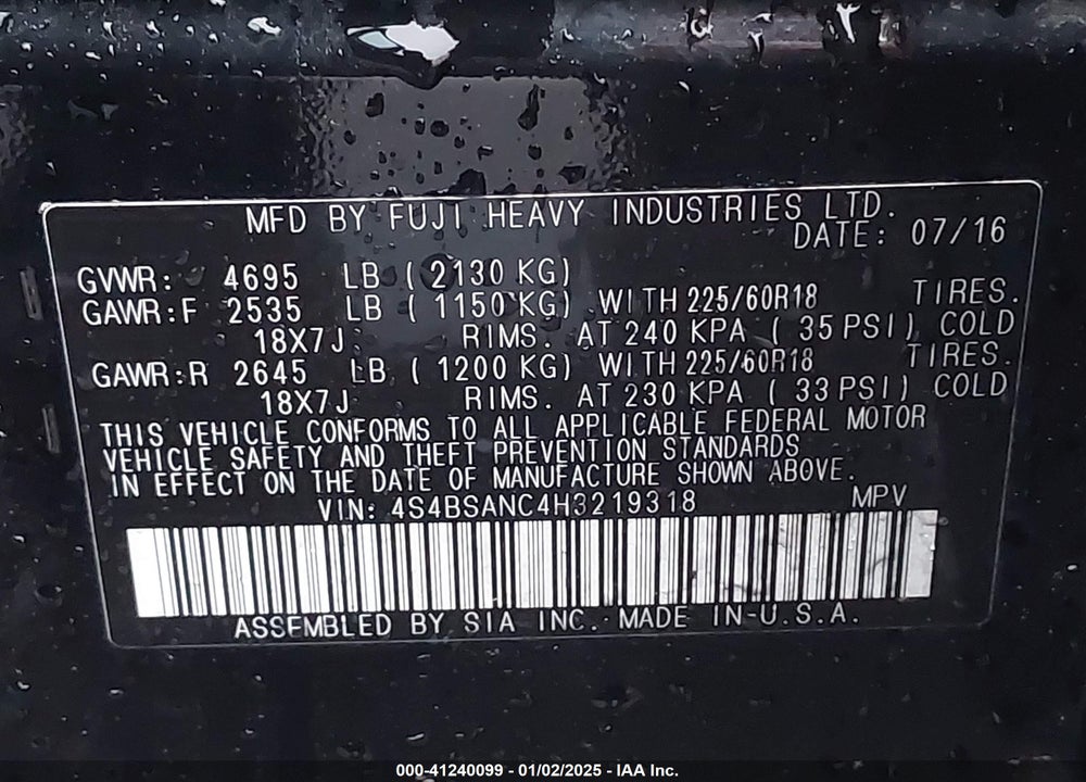 2017 SUBARU OUTBACK 2.5I LIMITED VIN: 4S4BSANC4H3219318