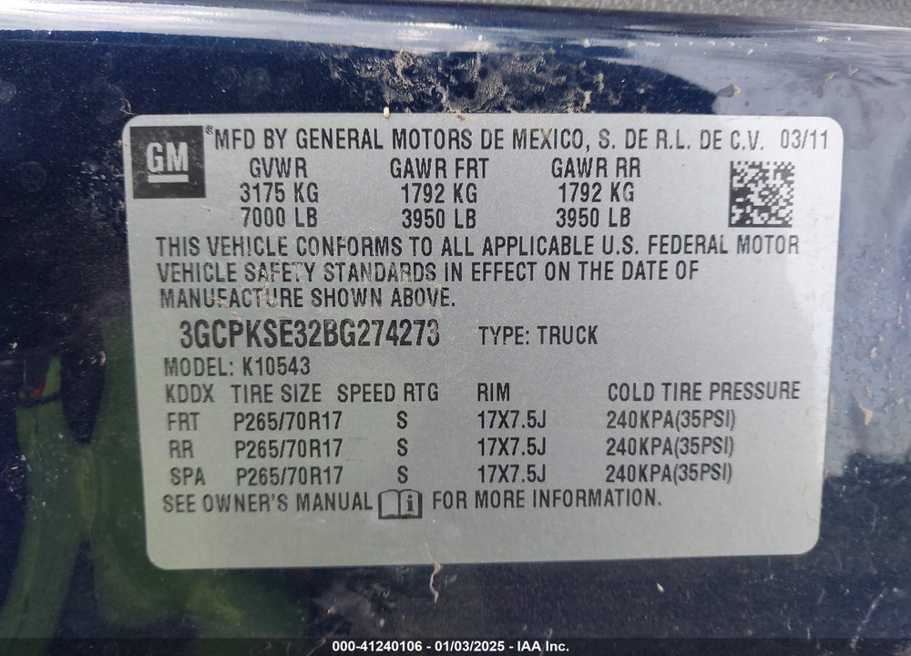 2011 CHEVROLET SILVERADO 1500 VIN: 3GCPKSE32BG274273