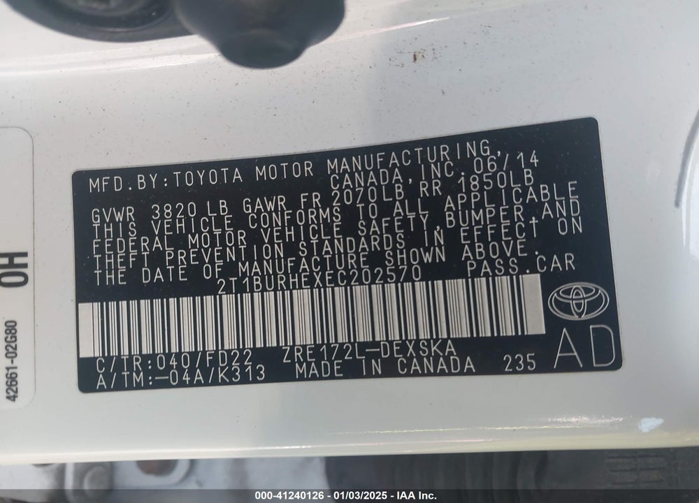 2014 TOYOTA COROLLA VIN: 2T1BURHEXEC202570