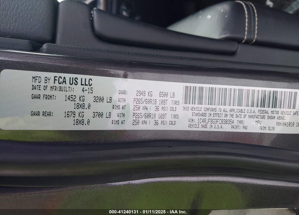 2015 JEEP GRAND CHEROKEE LIMITED VIN: 1C4RJFBG3FC838354