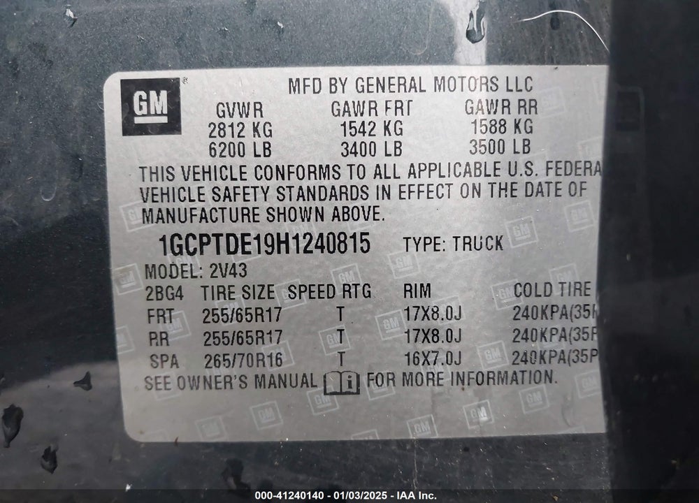 2017 CHEVROLET COLORADO Z71 VIN: 1GCPTDE19H1240815