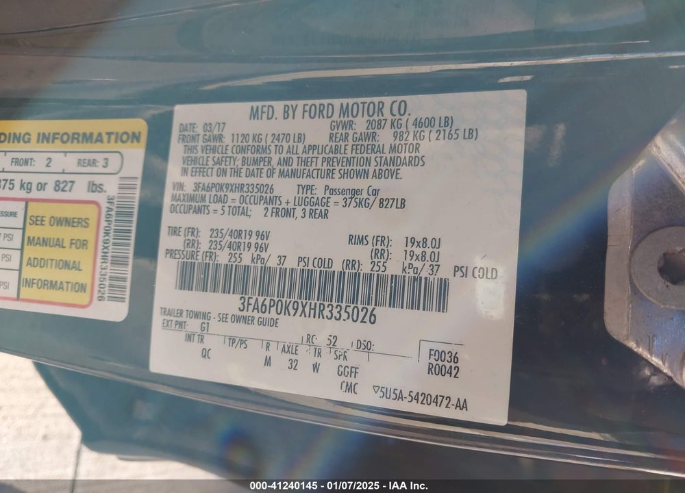 2017 FORD FUSION PLATINUM VIN: 3FA6P0K9XHR335026