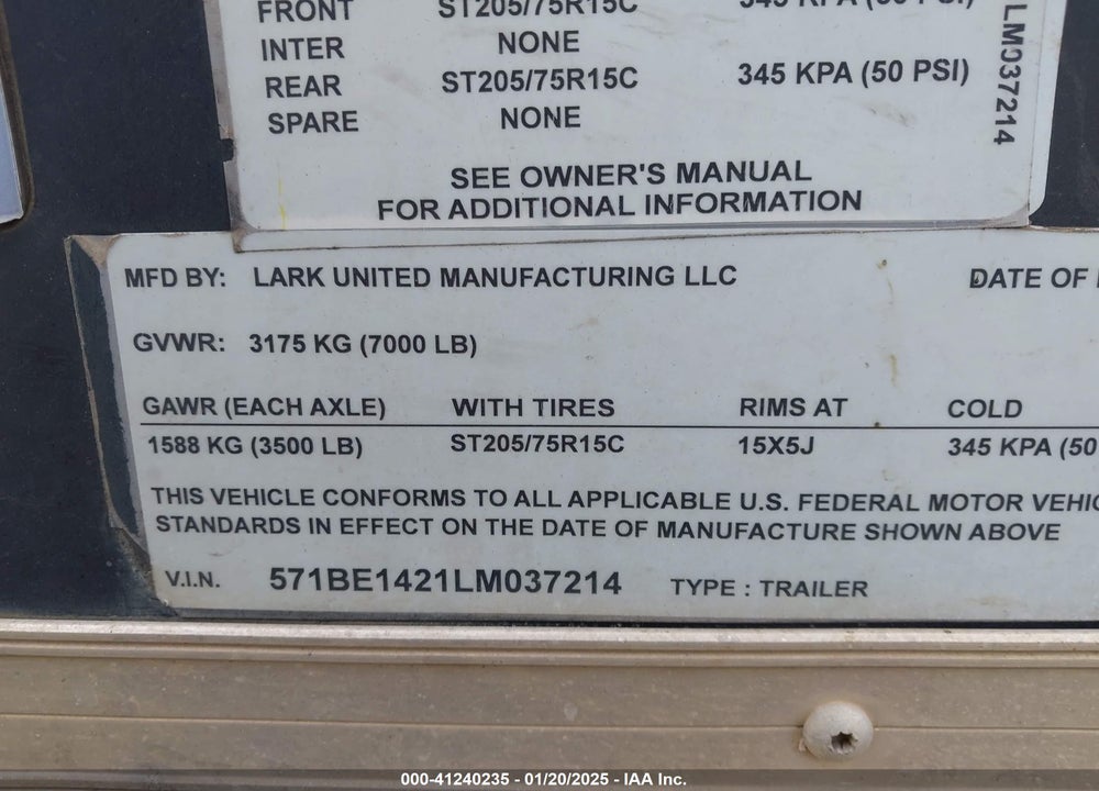 2020 LARK TRAILER VIN: 571BE1421LM037214