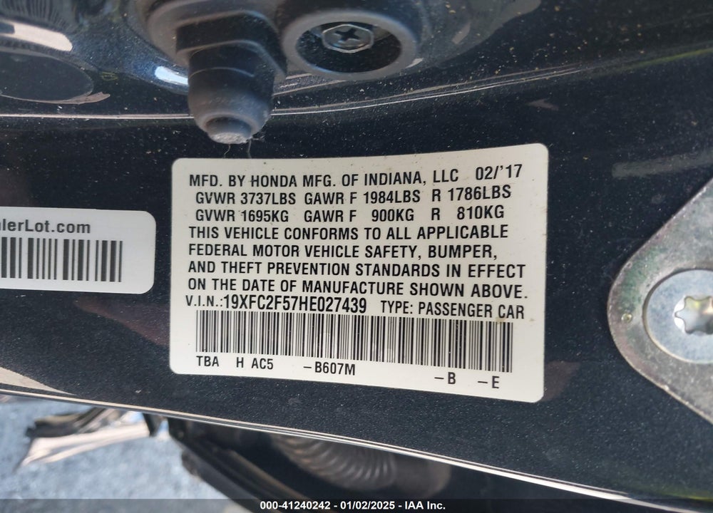 2017 HONDA CIVIC VIN: 19XFC2F57HE027439
