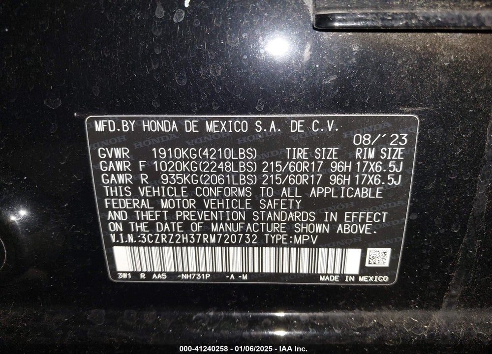 2024 HONDA HR-V AWD LX VIN: 3CZRZ2H37RM720732