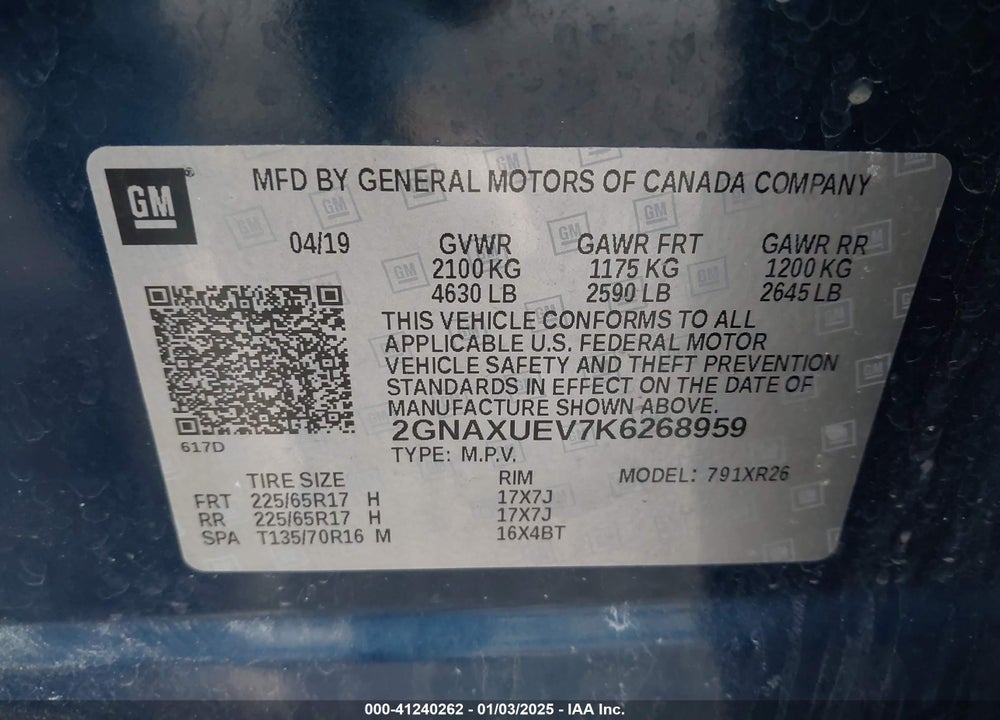 2019 CHEVROLET EQUINOX LT VIN: 2GNAXUEV7K6268959