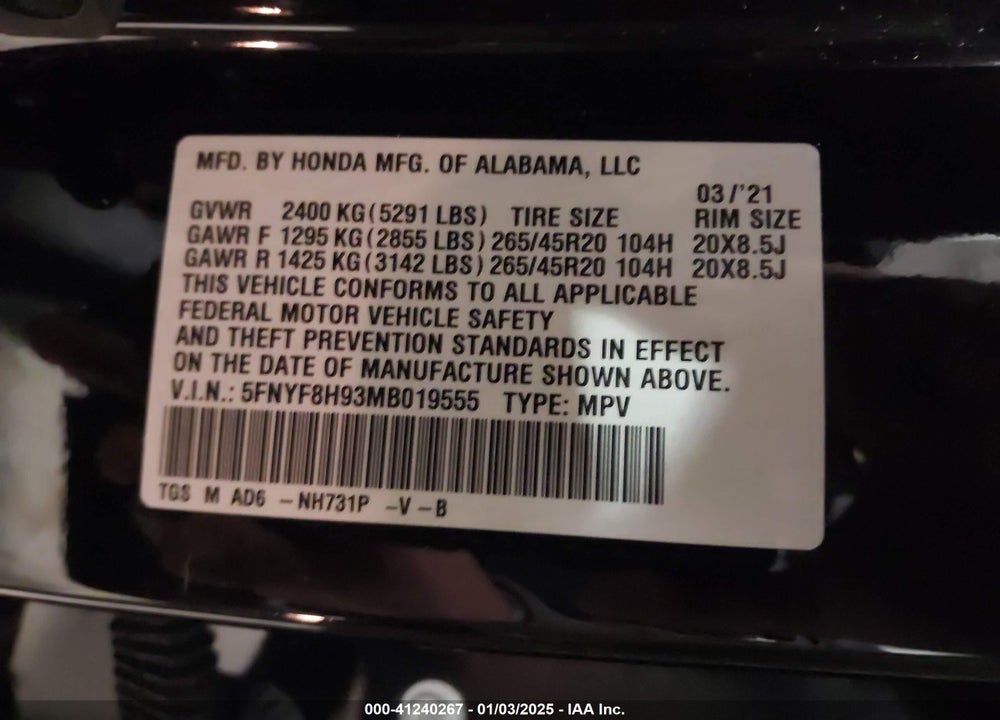2021 HONDA PASSPORT AWD TOURING VIN: 5FNYF8H93MB019555