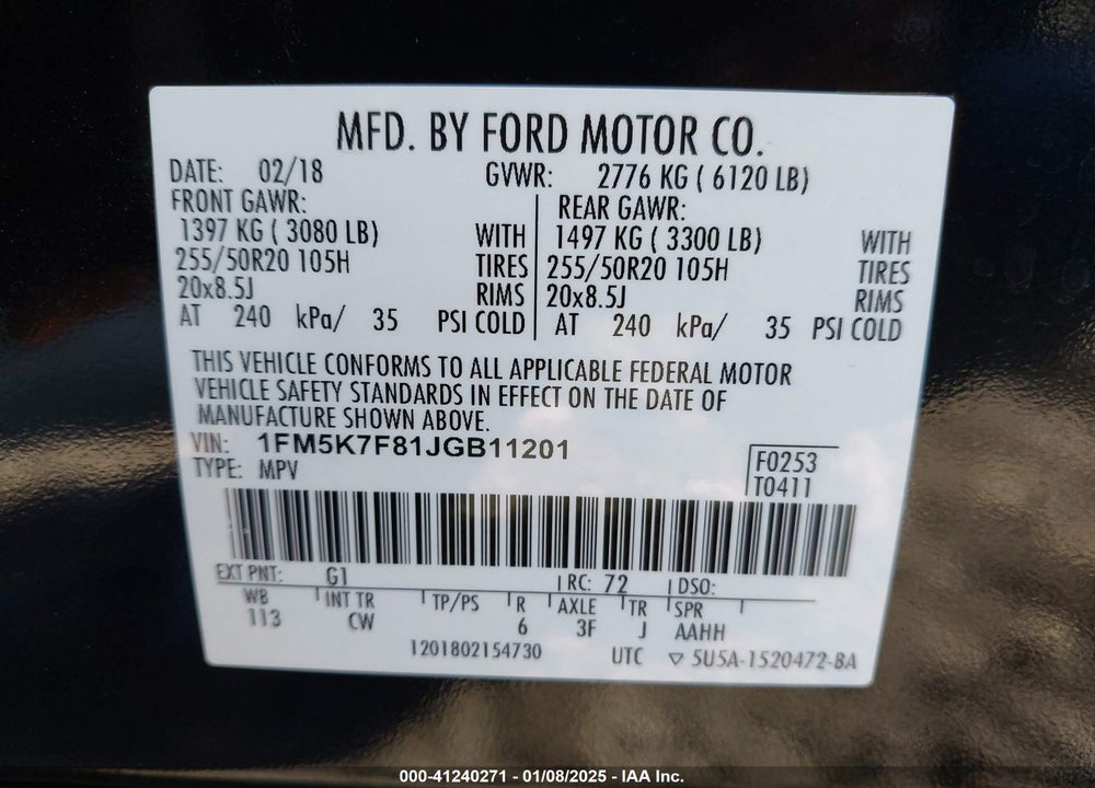 2018 FORD EXPLORER LIMITED VIN: 1FM5K7F81JGB11201