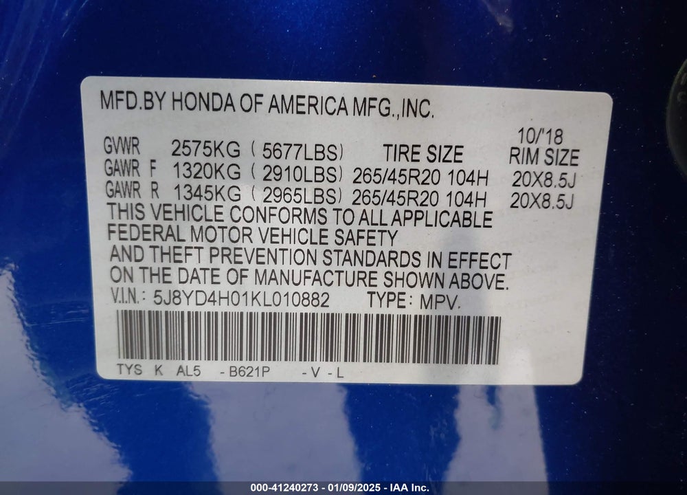 2019 ACURA MDX TECH & A-SPEC PKGS VIN: 5J8YD4H01KL010882