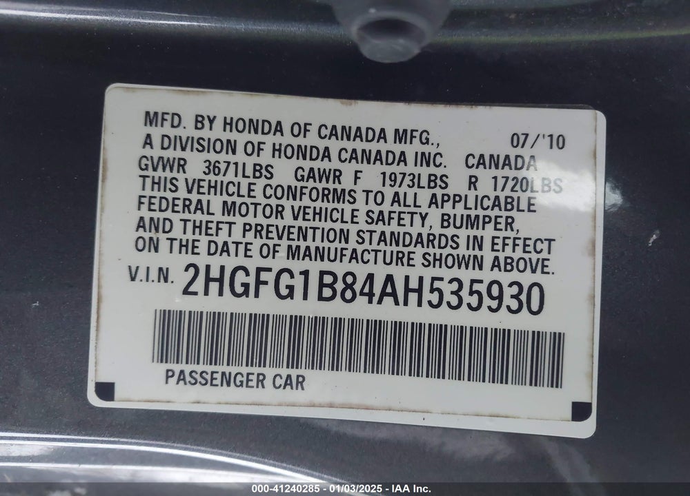 2010 HONDA CIVIC EX VIN: 2HGFG1B84AH535930