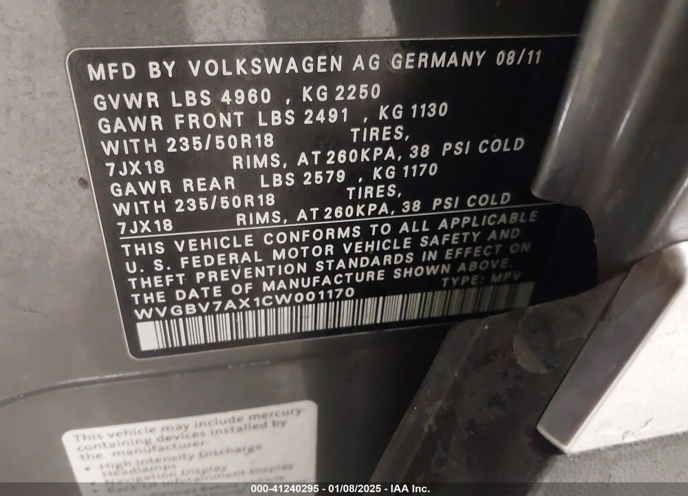 2012 VOLKSWAGEN TIGUAN VIN: WVGBV7AX1CW001170