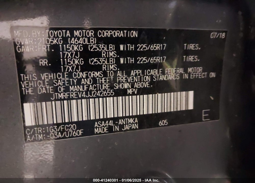 2018 TOYOTA RAV4 VIN: JTMRFREV4JJ242655