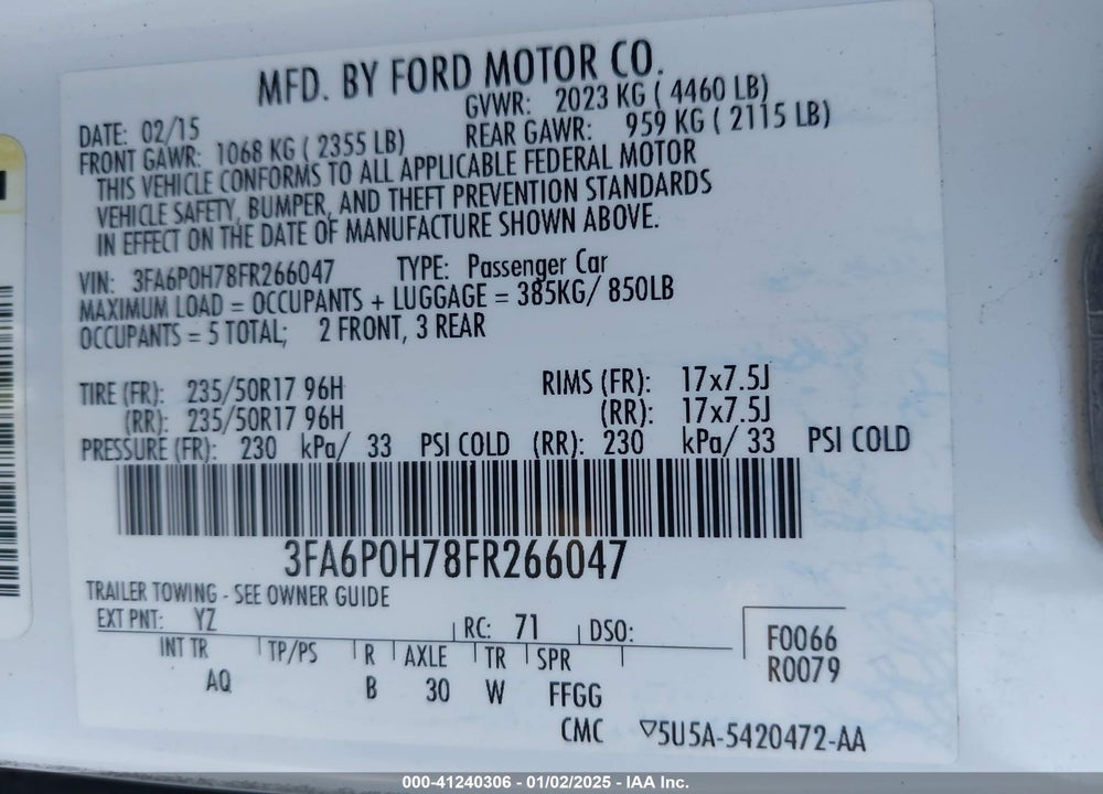 2015 FORD FUSION SE VIN: 3FA6P0H78FR266047