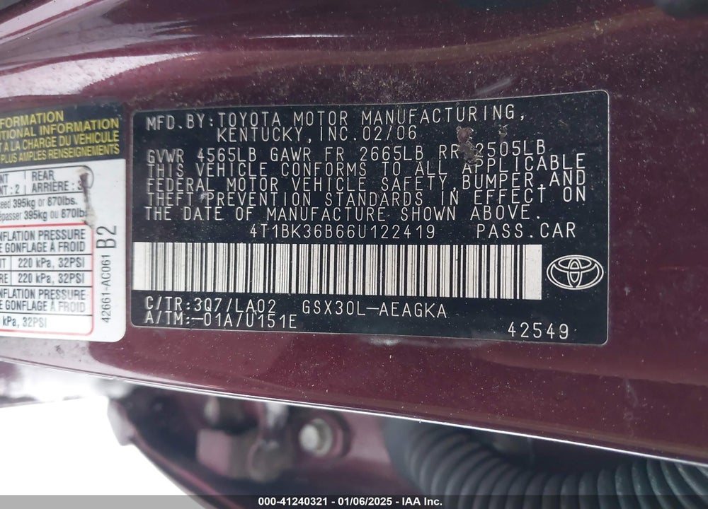 2006 TOYOTA AVALON XLS VIN: 4T1BK36B66U122419