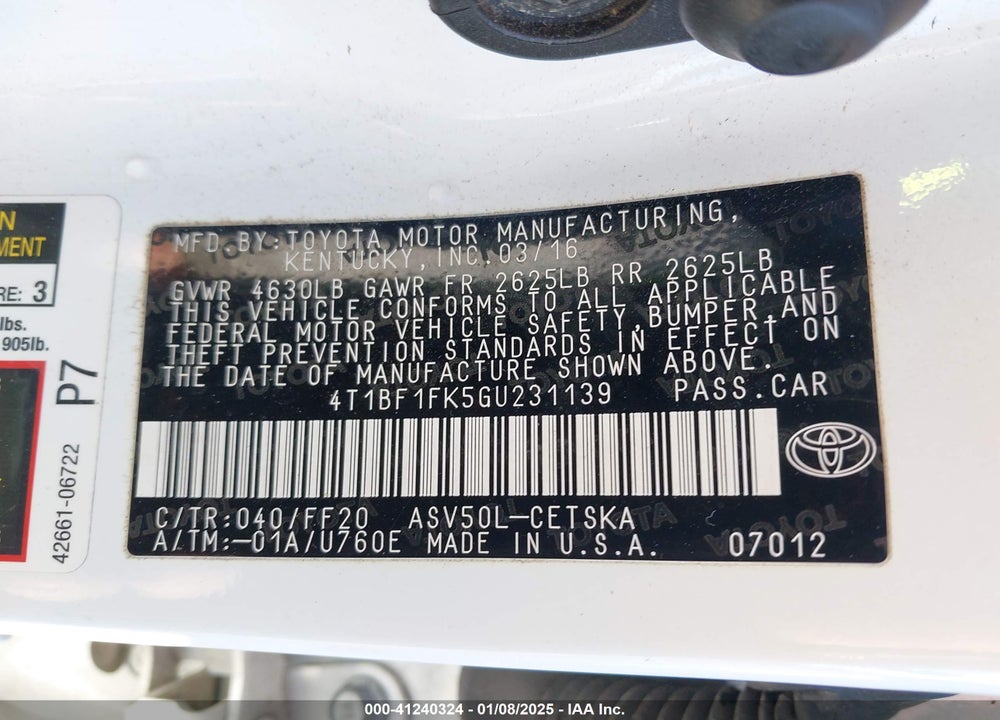 2016 TOYOTA CAMRY SE VIN: 4T1BF1FK5GU231139