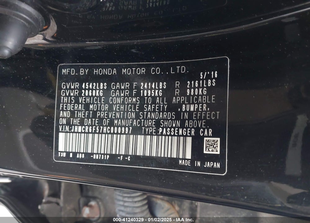 2017 HONDA ACCORD VIN: JHMCR6F57HC000997