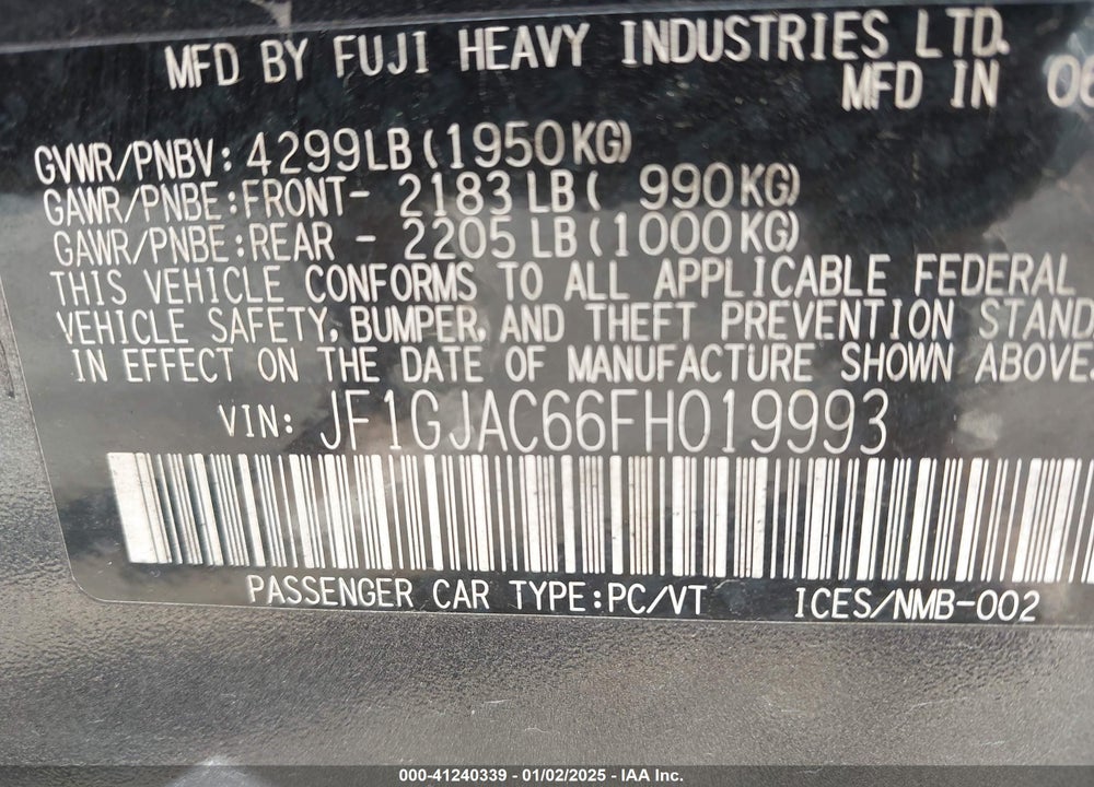 2015 SUBARU IMPREZA VIN: JF1GJAC66FH019993