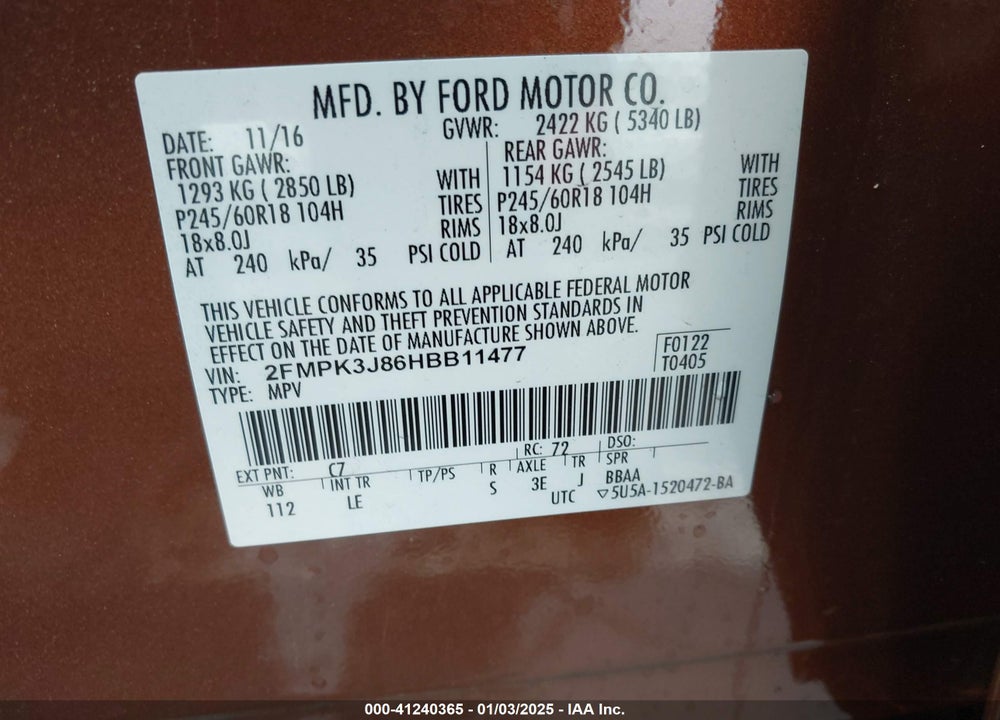 2017 FORD EDGE SEL VIN: 2FMPK3J86HBB11477