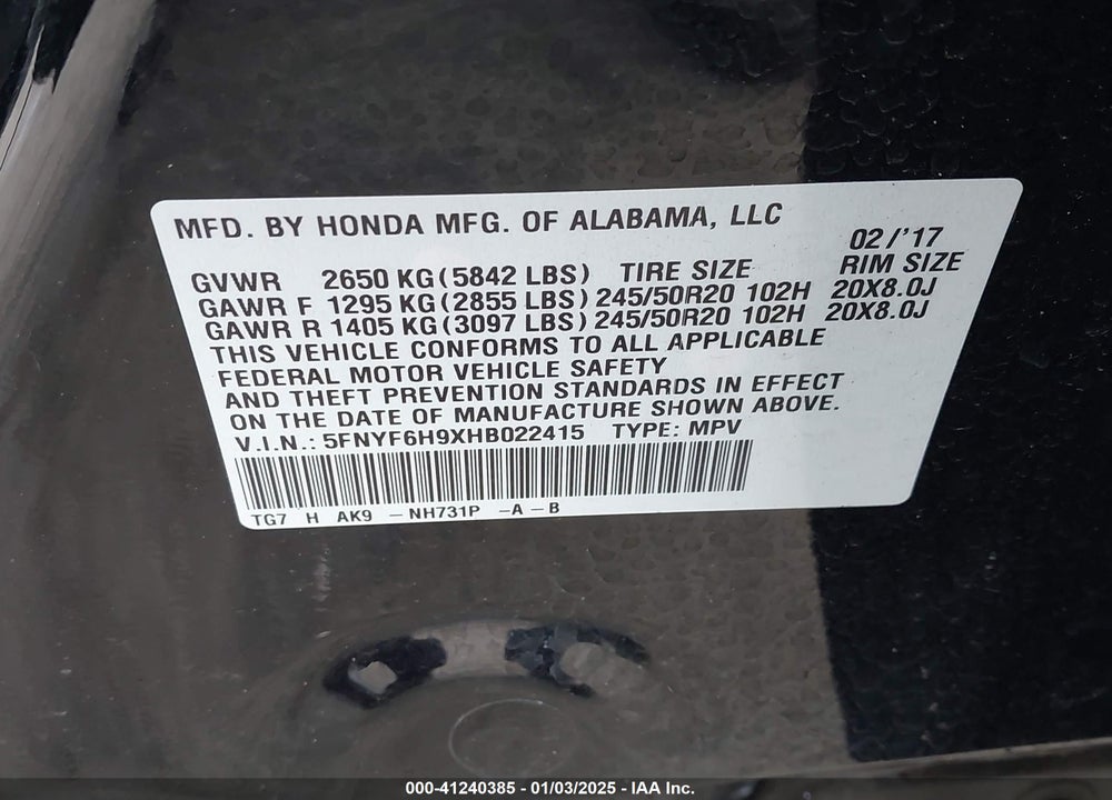 2017 HONDA PILOT TOURING VIN: 5FNYF6H9XHB022415