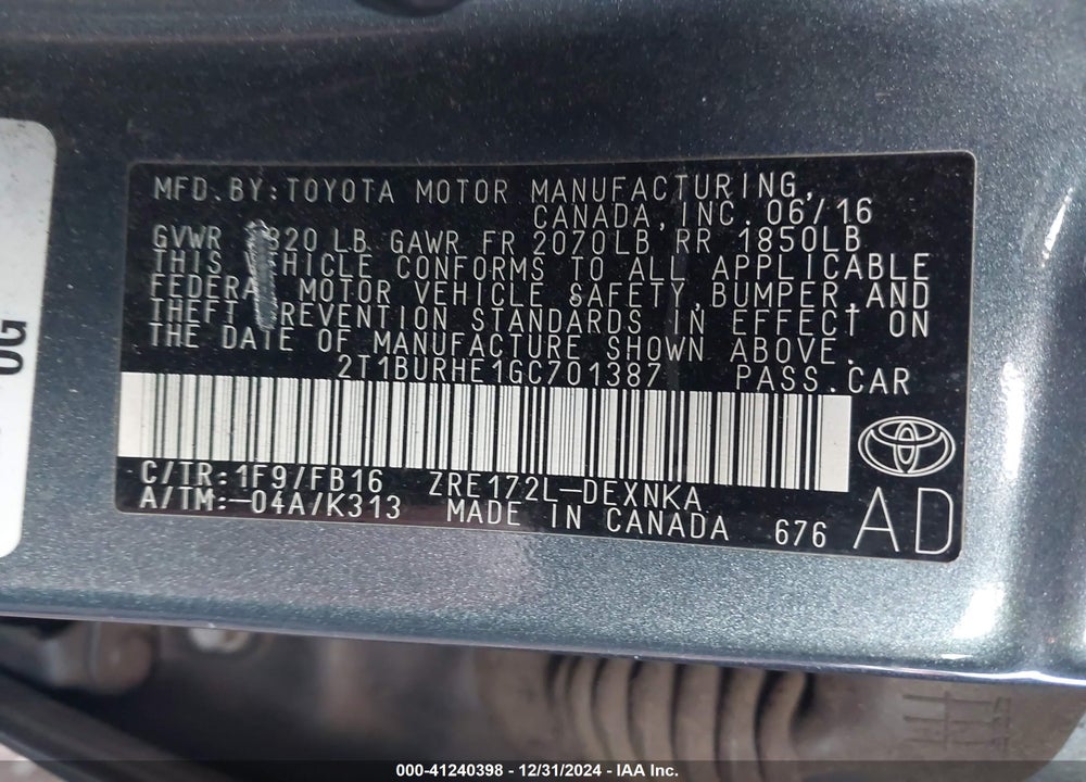 2016 TOYOTA COROLLA LE VIN: 2T1BURHE1GC701387