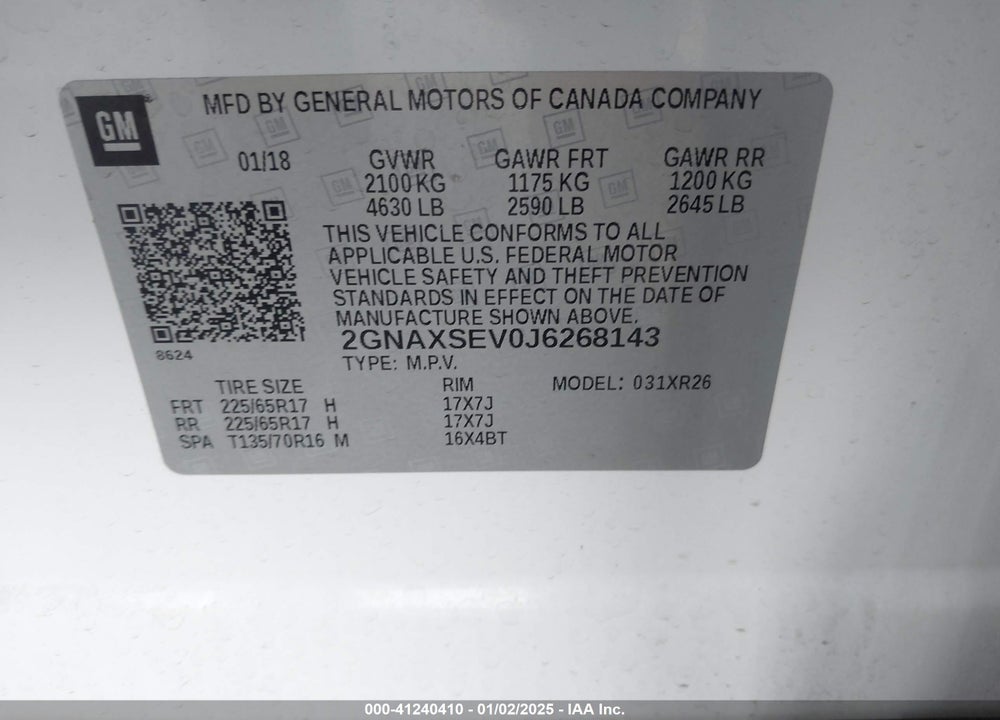 2018 CHEVROLET EQUINOX LT VIN: 2GNAXSEV0J6268143