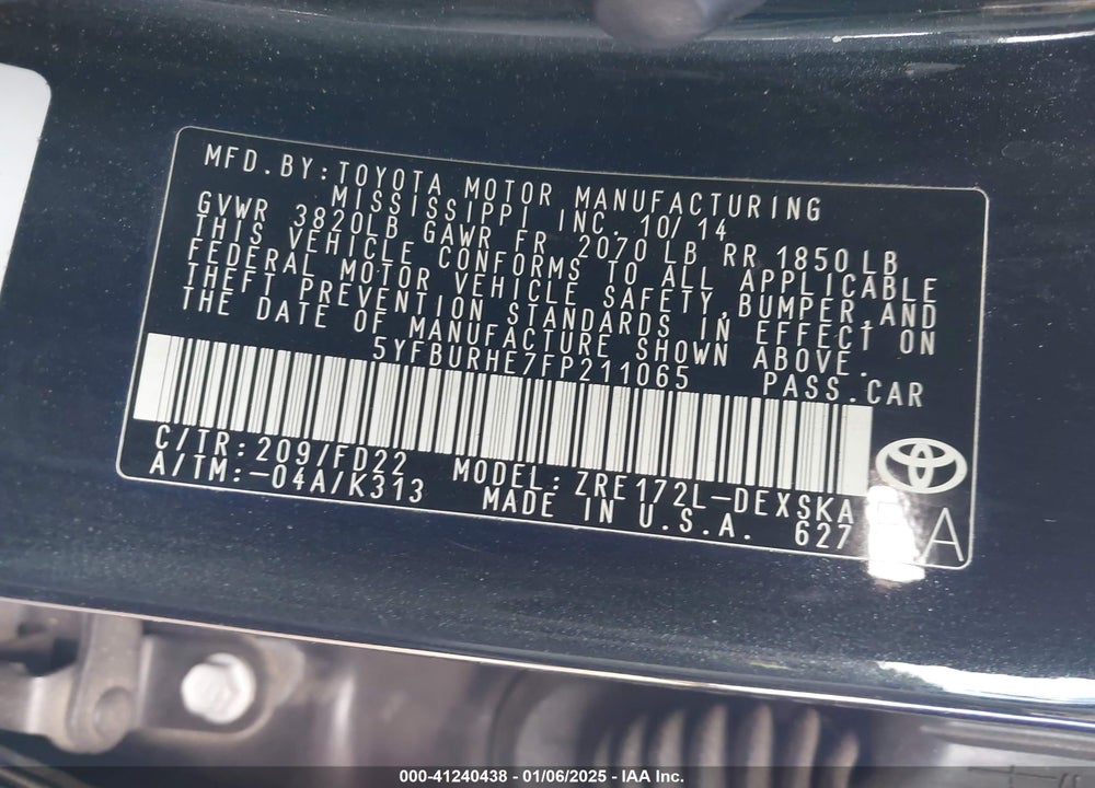 2015 TOYOTA COROLLA S PLUS VIN: 5YFBURHE7FP211065