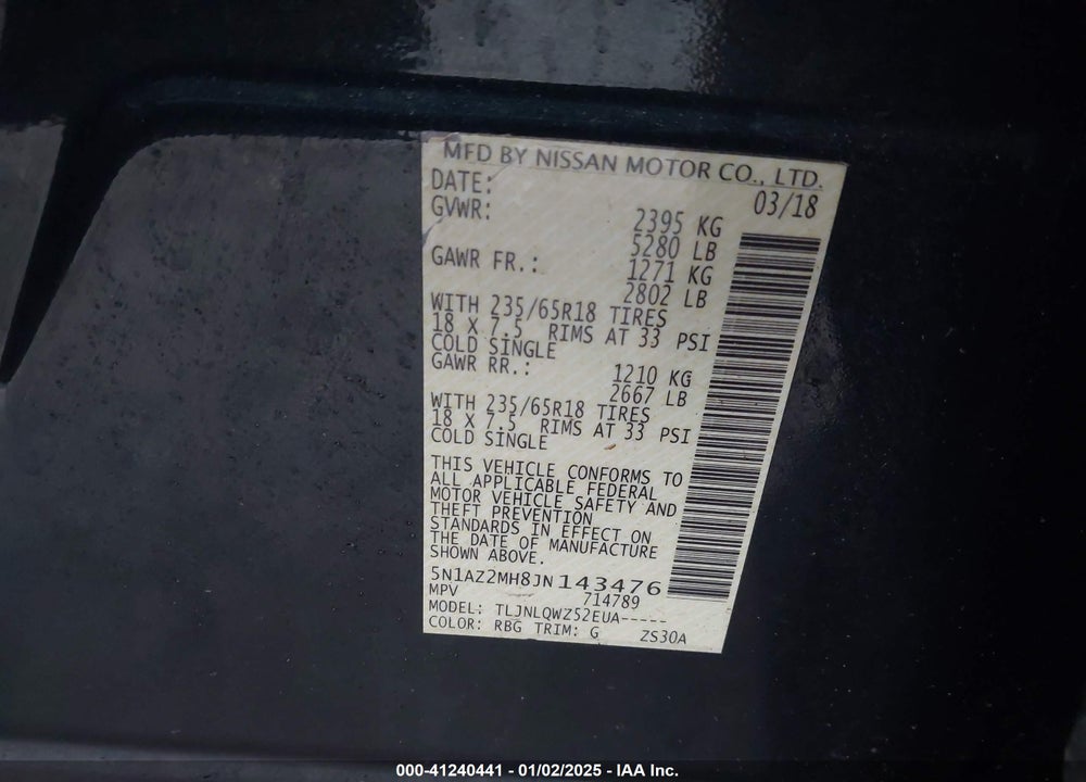 2018 NISSAN MURANO SV VIN: 5N1AZ2MH8JN143476