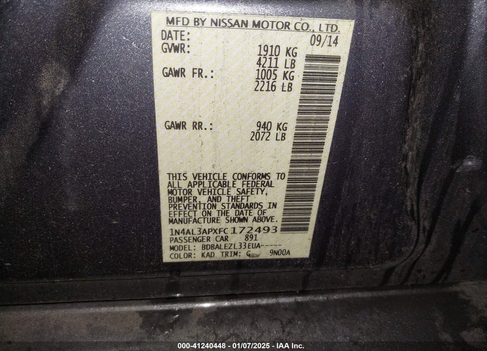 2015 NISSAN ALTIMA 2.5 S VIN: 1N4AL3APXFC172493