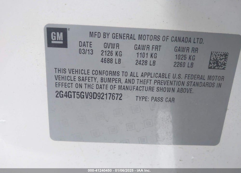 2013 BUICK REGAL VIN: 2G4GT5GV9D9217672