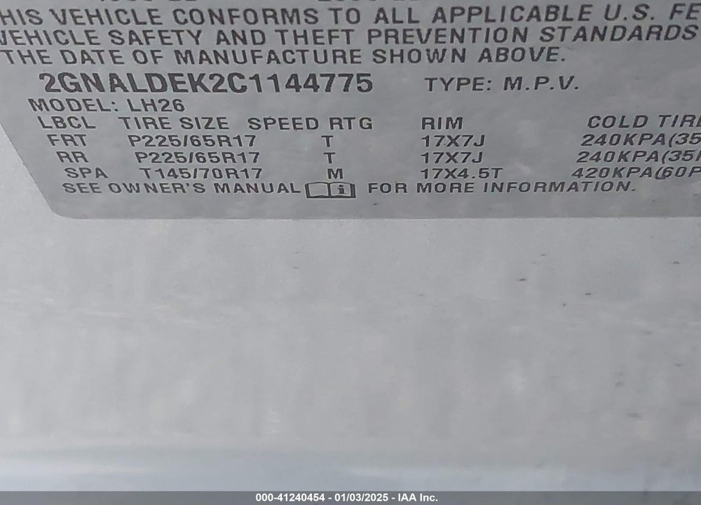 2012 CHEVROLET EQUINOX 1LT VIN: 2GNALDEK2C1144775