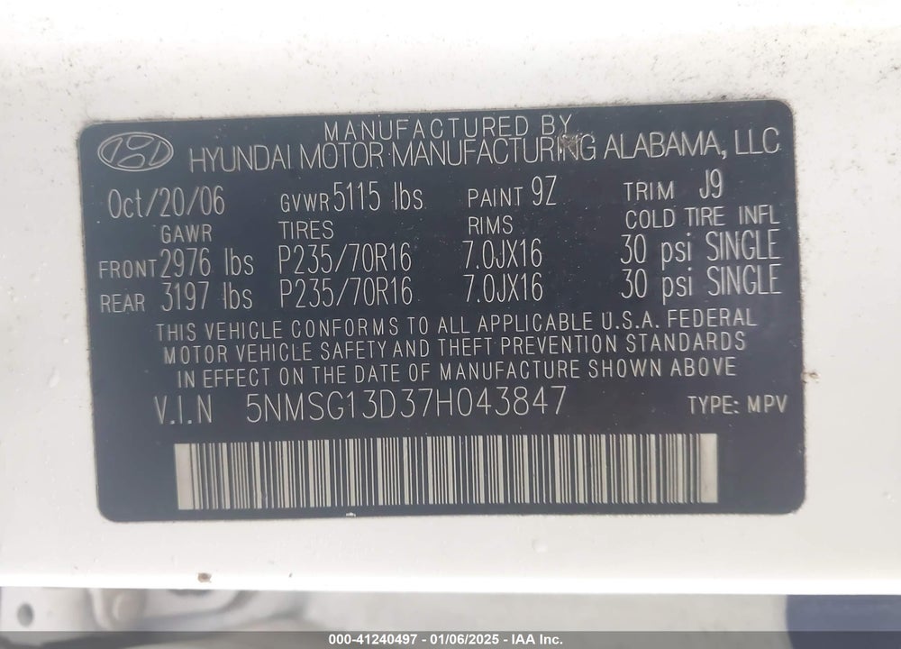 2007 HYUNDAI SANTA FE VIN: 5NMSG13D37H043847