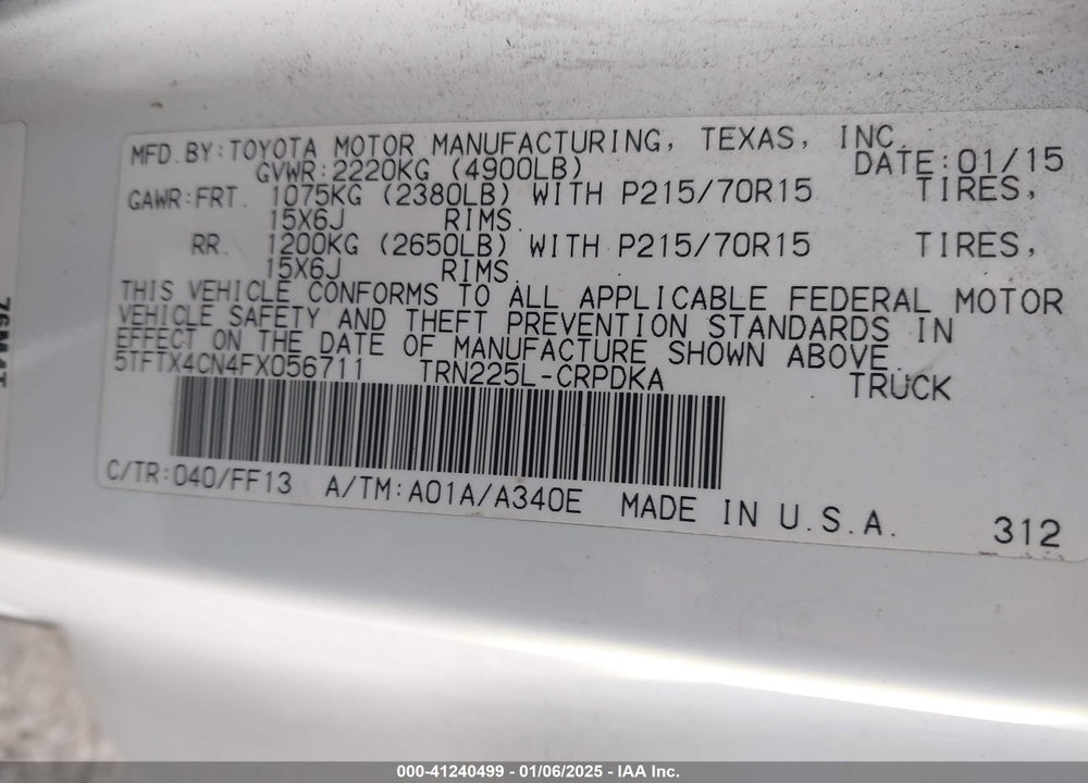2015 TOYOTA TACOMA VIN: 5TFTX4CN4FX056711