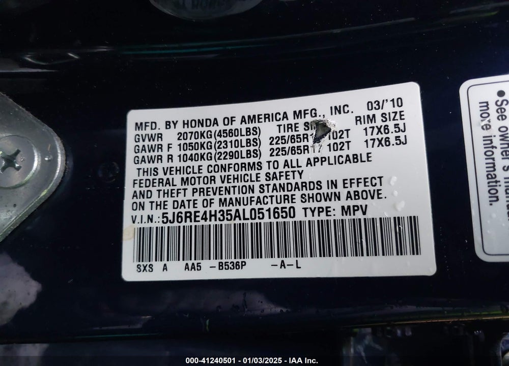2010 HONDA CR-V LX VIN: 5J6RE4H35AL051650