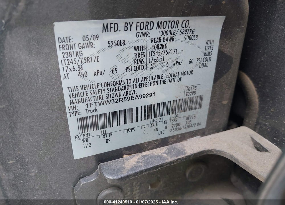 2009 FORD F-350 KING RANCH/LARIAT/XL/XLT VIN: 1FTWW32R59EA99291